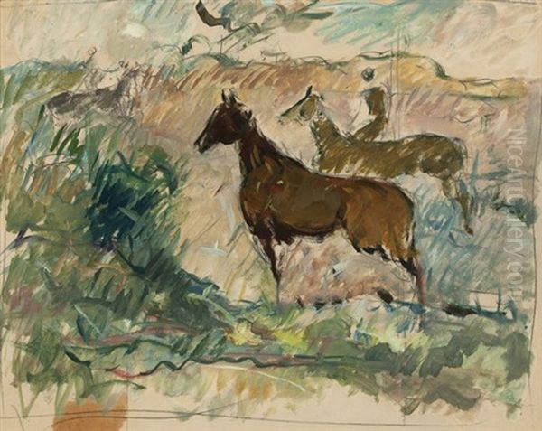 Two Horses With Figure Oil Painting by Lawrence Murphy