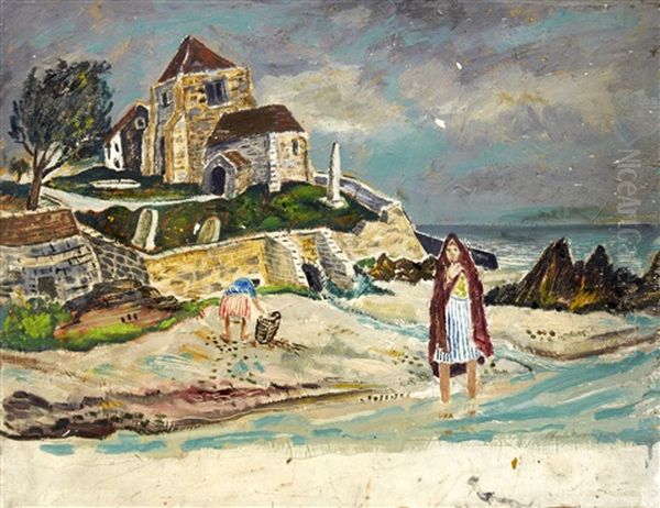 Fishergirls On The Shore Before A Chapel (+ 2 Others; 3 Works) Oil Painting by Charles Murray