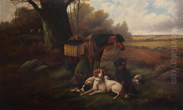 Wooded Landscape With Saddled Horse, Three Dogs And A Pheasant Oil Painting by David Murray