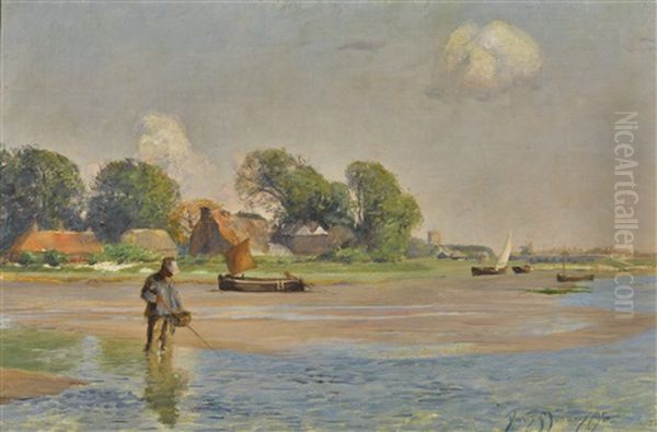 Shrimping Oil Painting by Sir David Murray