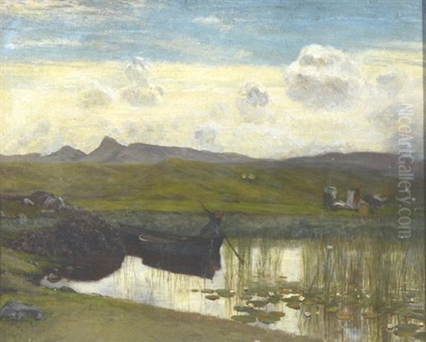 A Lily Pond With Figure In A Rowing Boat Oil Painting by Sir David Murray