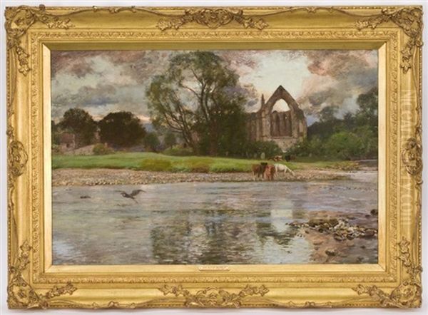 Cattle Watering At A Ruined Abbey Oil Painting by Sir David Murray