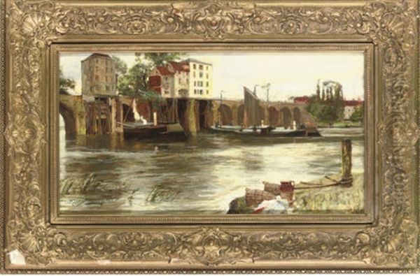 Barges On The River Oil Painting by Sir David Murray