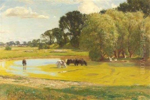 Horses Watering In A Summer Landscape Oil Painting by Sir David Murray