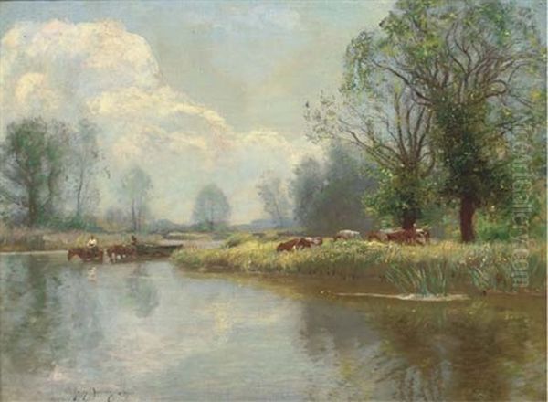 Hay Wain On The River Test, Hampshire Oil Painting by Sir David Murray