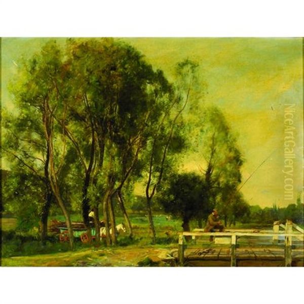 A Lush Pastoral Landscape With Figures Harvesting And A Fisherman Preparing His Line On A Bridge Oil Painting by Sir David Murray