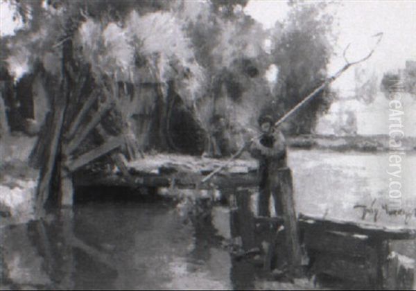 A Fisherman With His Net On The Bank Of The River Oil Painting by Sir David Murray