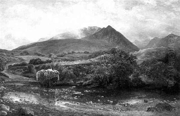 A Hay Cart Fording A River In A Highland Cottage Oil Painting by George Murray