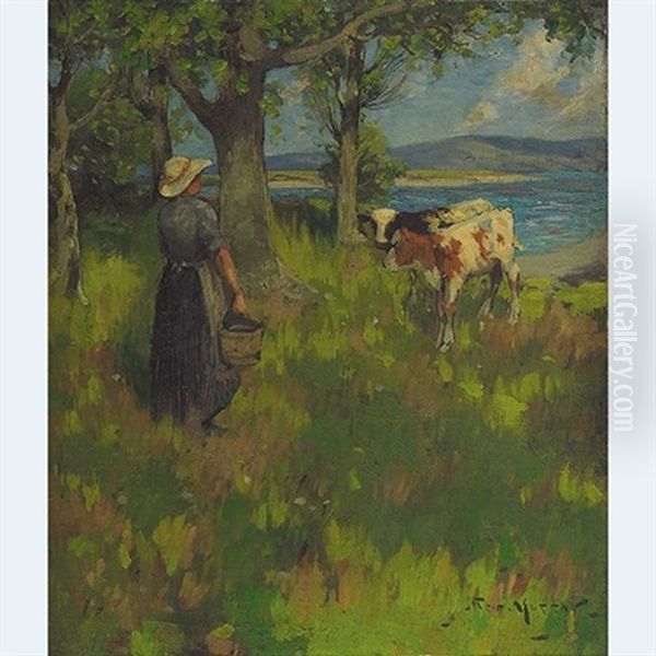 Milkmaid In A Summer Pasture Oil Painting by John Reid Murray