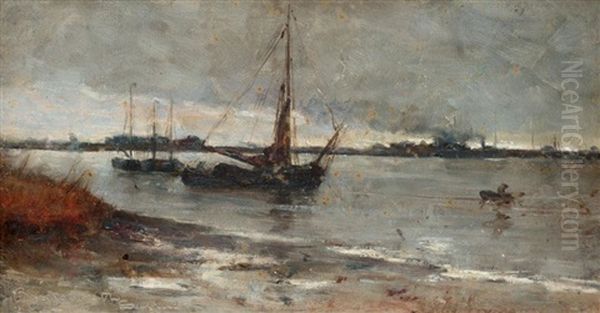 Barges On The Scheldt Oil Painting by John Reid Murray