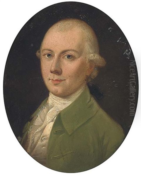 Portrait Of A Gentleman, Small Bust-length, In A Green Coat (+ Portrait Of A Lady, Small Bust-length, In A White Lace Bonnet; Pair) Oil Painting by Joshua Murray