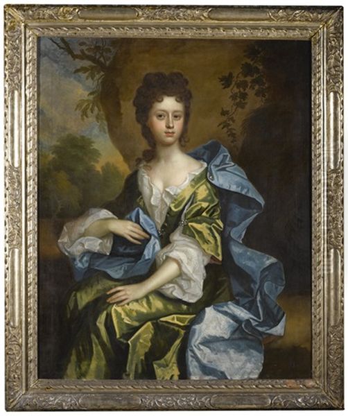 Portrait Of Rebecca Norton (circa 1683-1731), Three-quarter-length, Seated In A Landscape, Wearing A Green Dress And Blue Cloak Oil Painting by Thomas Murray