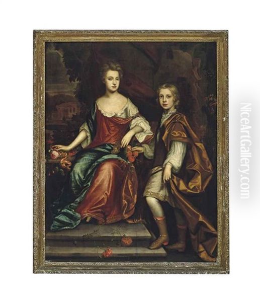 Portrait Of Charles Bertie (1678-1730) And His Sister Elizabeth Bertie (1675-1738), Later Lady Fitzwalter, Full-length, He In A Brown Cloak And She Seated In A Red Dress With A Blue Cloak Oil Painting by Thomas Murray