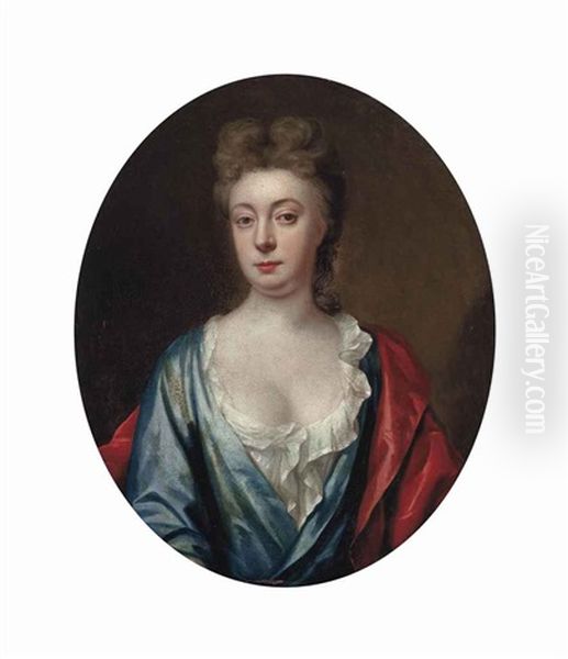 Portrait Of A Lady, Half-length, In A Blue Dress And A Red Wrap Oil Painting by Thomas Murray