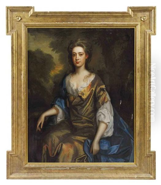 Portrait Of A Lady (nell Gwynne (1650-1687)?) In A Gold Silk Dress And Blue Wrap, In A Landscape Oil Painting by Thomas Murray