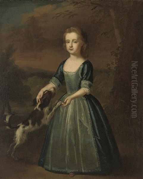 Portrait Of Miss Cresset, Standing In A Blue Dress With Lace Apron, A Spaniel At Her Side Oil Painting by Thomas Murray