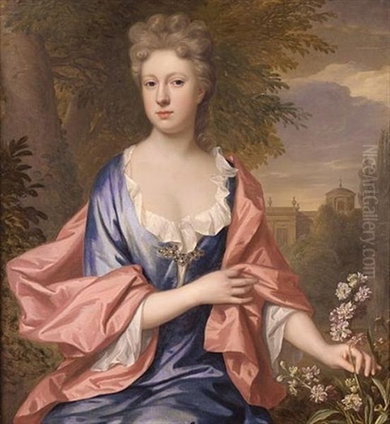 Portrait Of A Lady In A Blue Dress With A Salmon Pink Wrap, Picking A Flower, A View To Palace Garden Beyond Oil Painting by Thomas Murray