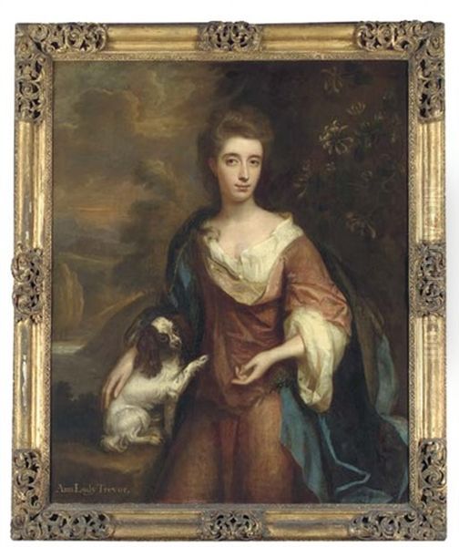 Portrait Of Anne, Lady Trevor In A Pink Dress With Blue Cloak, Her Right Hand Resting On A King Charles Spaniel, A Wooded River Landscape With A Castle Beyond Oil Painting by Thomas Murray