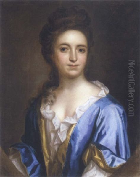 Portrait Of A Lady Wearing A Blue And Yellow Dress Oil Painting by Thomas Murray