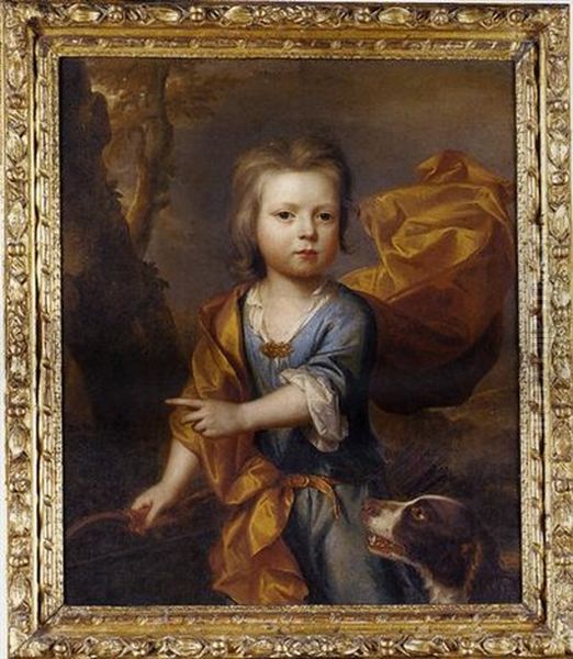 Portrait Of A Young Boy Holding A Bow And A Quiver Of Arrows, In A Blue Tunic And Orange Cloak, With A Spaniel At His Side by Thomas Murray