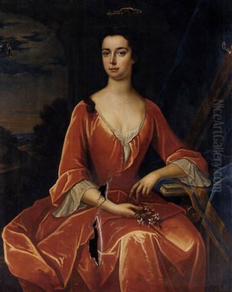 Portrait Of A Lady, (the Wife Of Captain Hercules Baker?), In A Red Dress, Holding Flowers In Her Right Hand Oil Painting by Thomas Murray