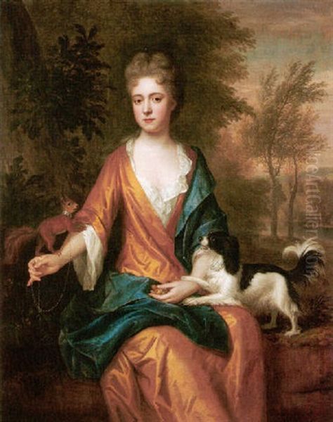 Portrait Of A Lady Seated With Her Dog In A Landscape, Wearing A Gold Dress And Blue Robes Oil Painting by Thomas Murray