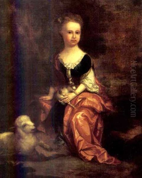 Portrait Of A Girl, In A Landscape, A Dog On Her Lap With A Lamb By Her Side Oil Painting by Thomas Murray