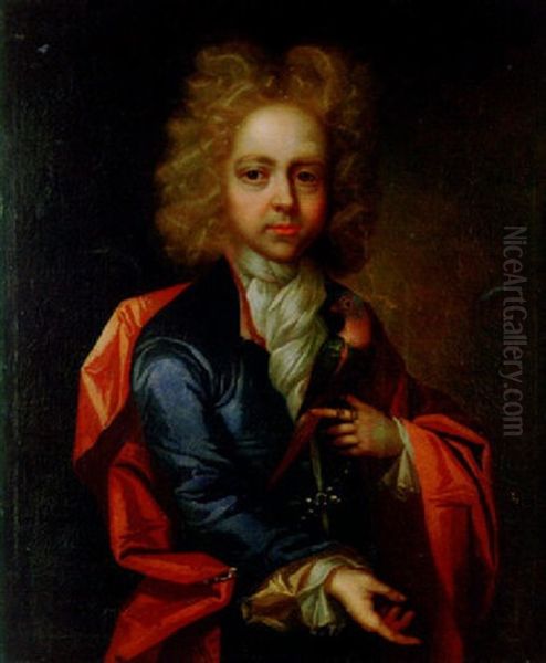 Portrait Of A Small Boy Wearing A Blue Coat And Red Sash, Holding A Parrot Oil Painting by Thomas Murray