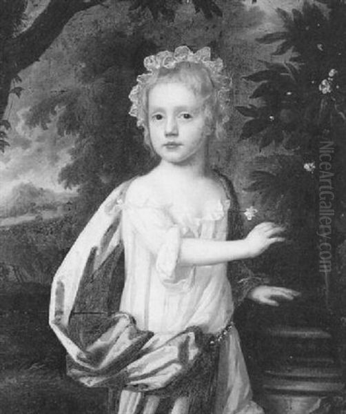 Portrait Of A Small Child Standing By A Flowering Orange Tree In A Landscape, Wearing A White Dress And Blue Sash Oil Painting by Thomas Murray