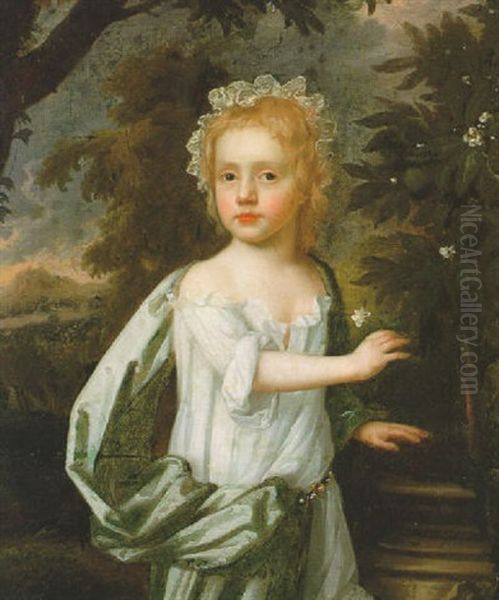 Portrait Of A Small Child, Three-quarter Length, Standing By A Flowering Orange Tree In A Landscape Oil Painting by Thomas Murray