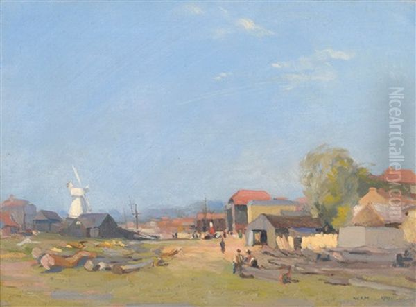 Boatyard With Figures, A Windmill In The Distance by William Grant Murray