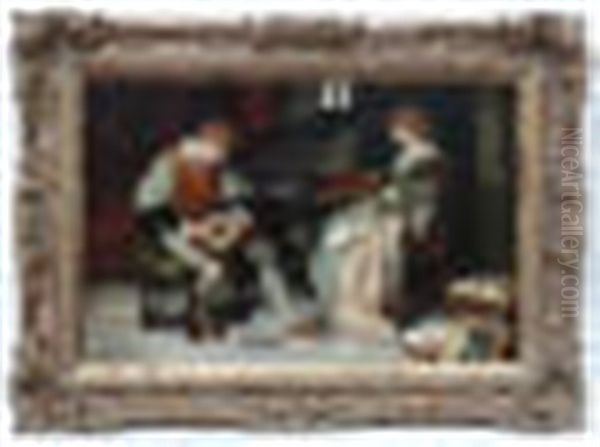 Medieval Musicians A Girl At A Harpsichord And A Man With Lute Oil Painting by Francis Sydney Muschamp