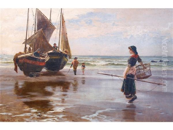 A Girl With A Fishing Net Beside Boats On A Shoreline Oil Painting by Francis Sydney Muschamp