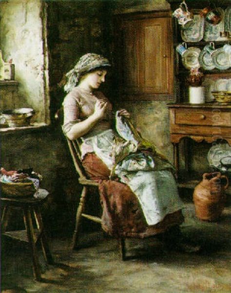 Young Woman Making A Quilt Oil Painting by Francis Sydney Muschamp