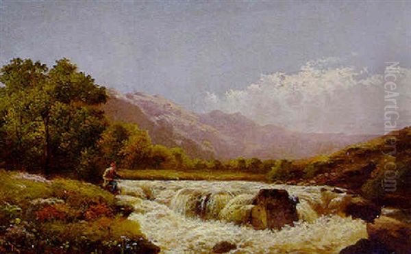 An Angler Fishing At A Weir Oil Painting by Francis Sydney Muschamp