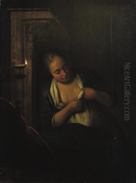 A Young Woman De-fleeing Herself In A Candlelit Interior Oil Painting by Michiel van Muscher