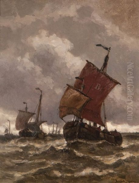 Fishing Boats At Sea Under A Dark Sky Oil Painting by Auguste Henri Musin