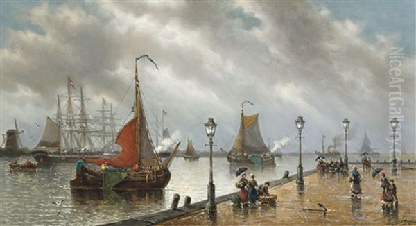 Dordrecht Quay, A Rainy Day Oil Painting by Auguste Henri Musin