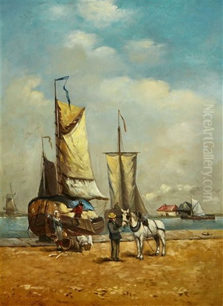 Harbour Scene With Sailing Ships Oil Painting by Auguste Henri Musin