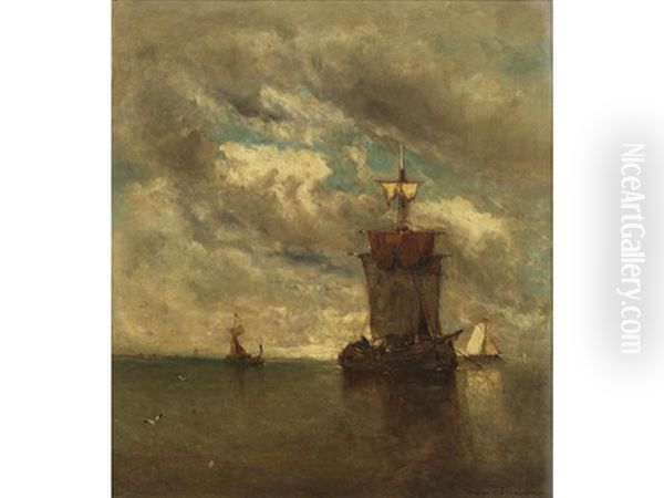 The Mouth Of The Scheldt, Boats In Calm Waters Oil Painting by Auguste Henri Musin