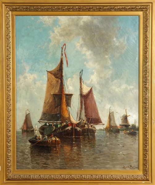 Boats In Harbor, Holland Oil Painting by Auguste Henri Musin