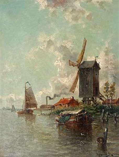 Belebter Kanal Mit Gehoft Und Windmuhle Oil Painting by Auguste Henri Musin