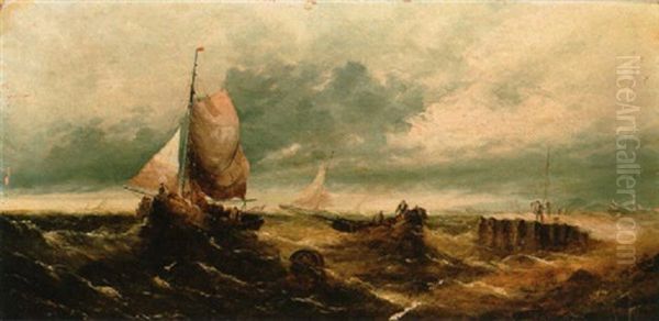 Sailing Vessels In Choppy Seas Oil Painting by Auguste Henri Musin