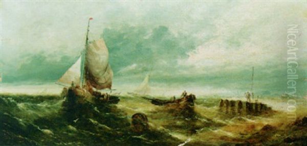 Sailing Vessels In Choppy Seas Oil Painting by Auguste Henri Musin