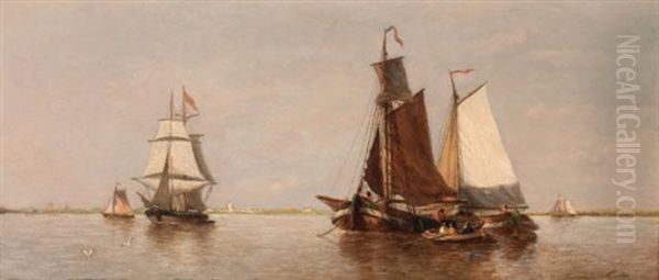 Shipping In Calm Waters Oil Painting by Francois-Etienne Musin