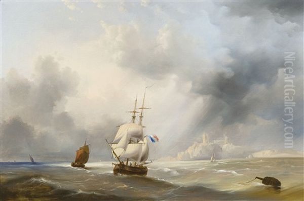 Sailing Ships Along The Coast Of Dover Oil Painting by Francois-Etienne Musin