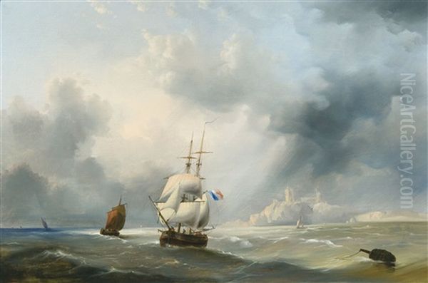 Sailing Ships Near The Dover Coast (1846) Oil Painting by Francois-Etienne Musin