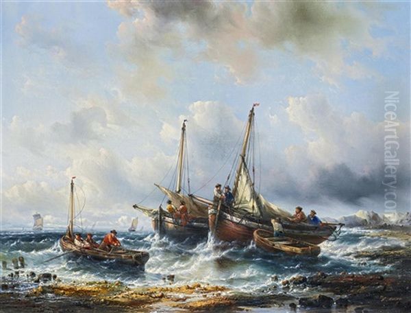 Boote In Bewegter See An Der Kuste Oil Painting by Francois-Etienne Musin