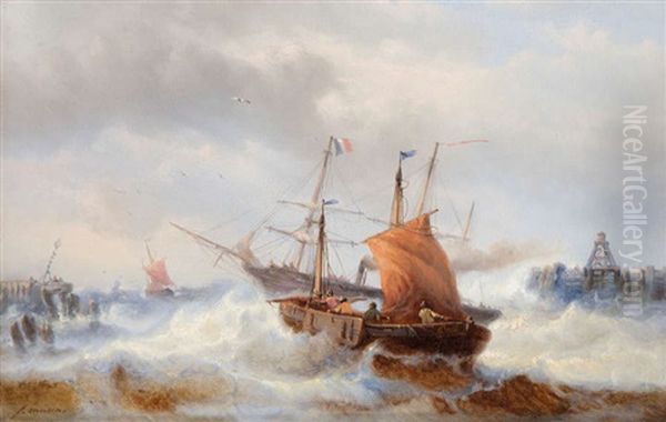 Vissersboten Bij Woelige Zee Oil Painting by Francois-Etienne Musin