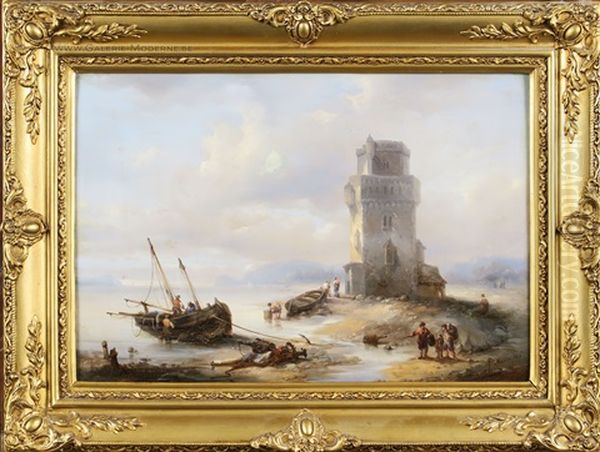 Marine Avec Tour Et Bateaux Oil Painting by Francois-Etienne Musin